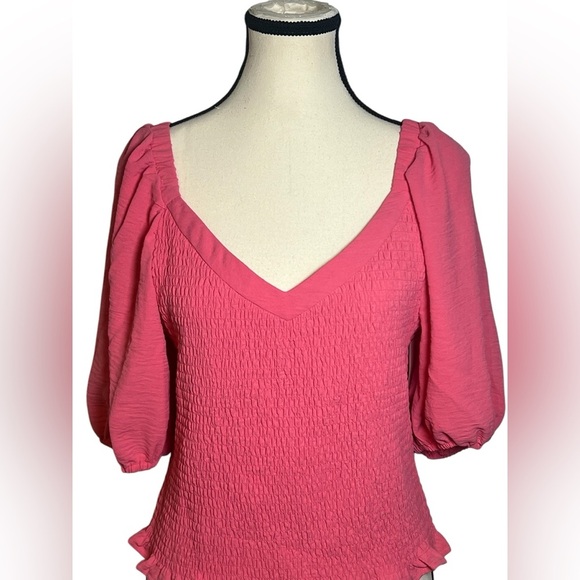 1. State Women’s size Large puff sleeve V neck smocked top in juneberry NWT - Picture 5 of 12